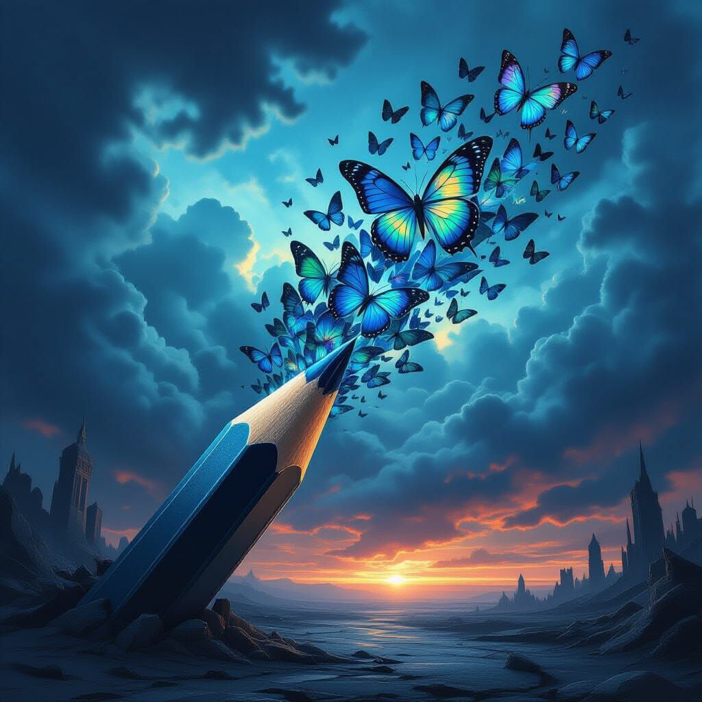 Butterflies Emerge from Giant Pencil in Stormy Sky