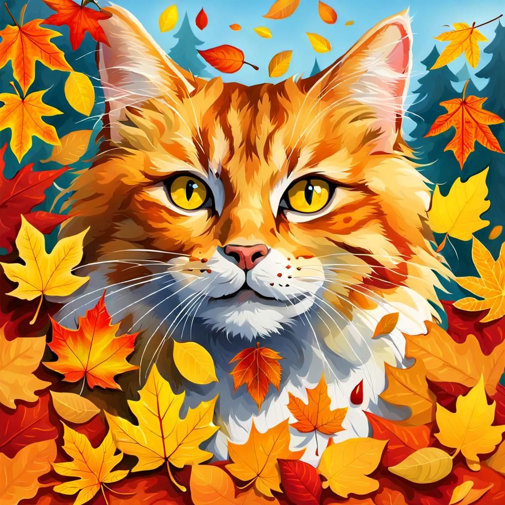 Cat's Joyful Dance in Autumn Leaves
