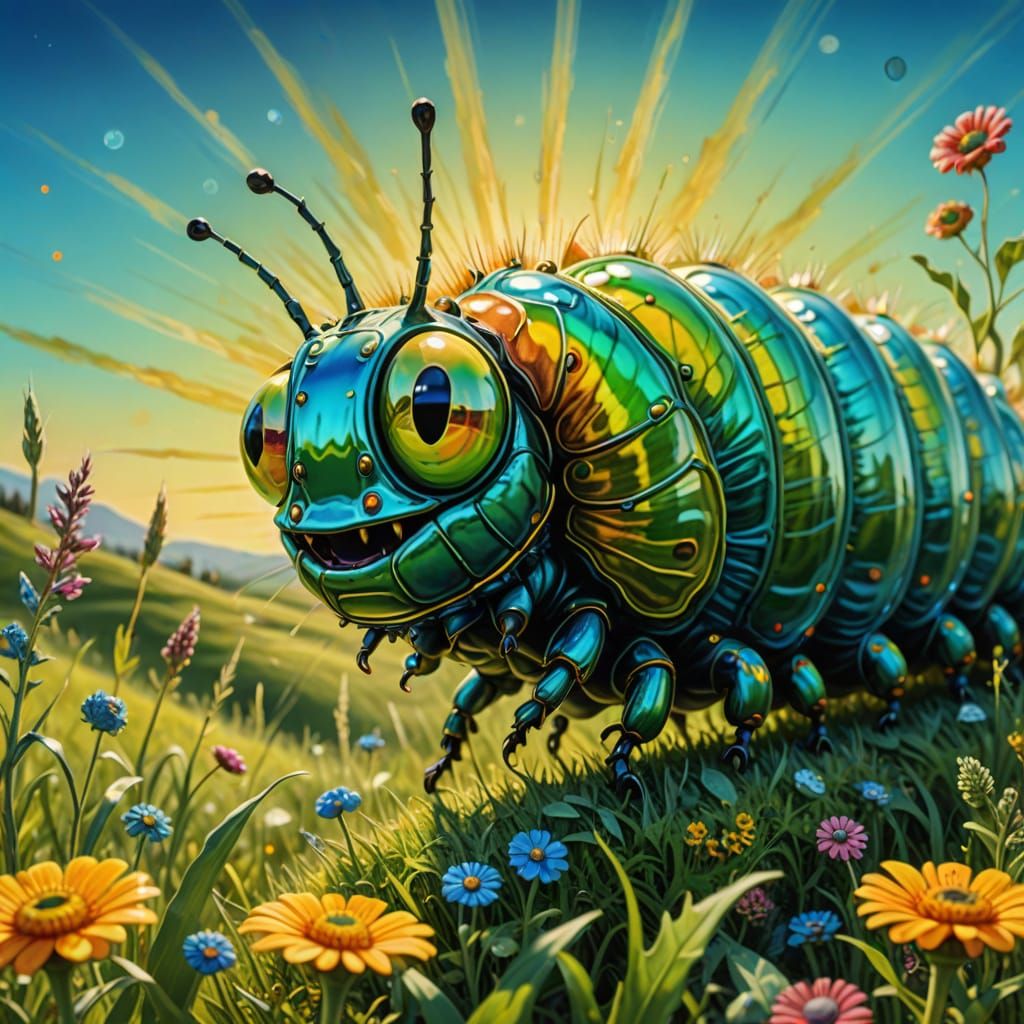 Surreal Lady and Caterpillar in a Dreamlike Meadow