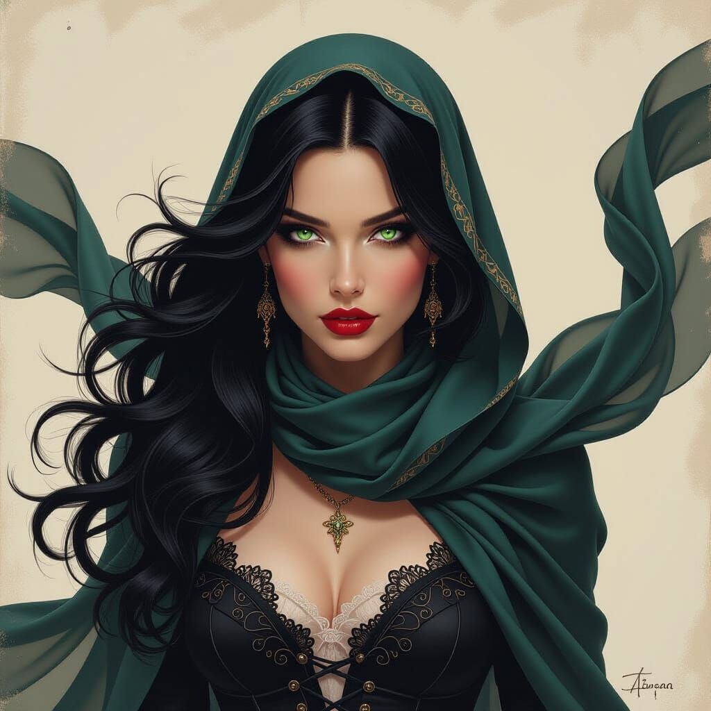 Mysterious Angelic Woman in Gothic Fashion Oil Painting