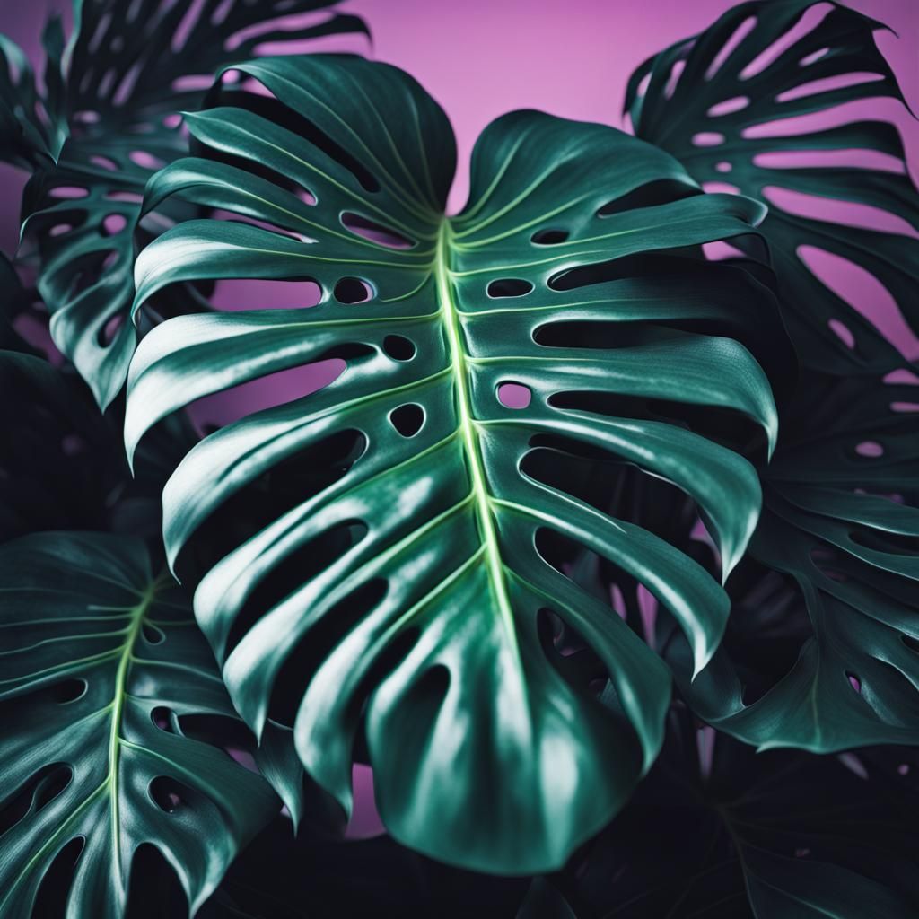 Vaporwave Monstera Adansonii in Hyperrealistic Style