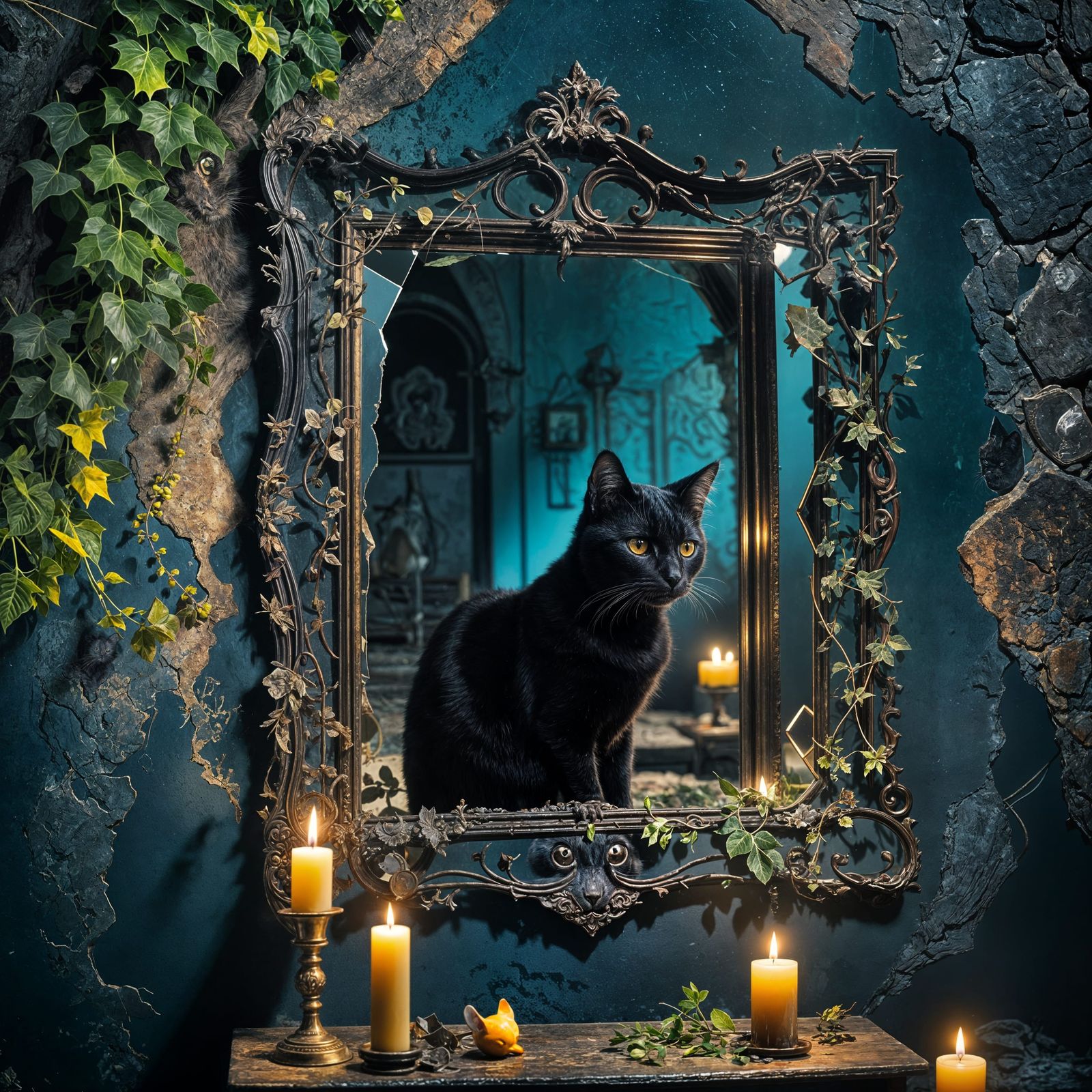 Mysterious Black Cat Gazing into Broken Mirror