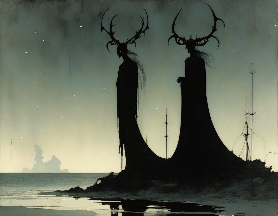 Ominous Antlered Figure on Misty Beach, Beardsley Style