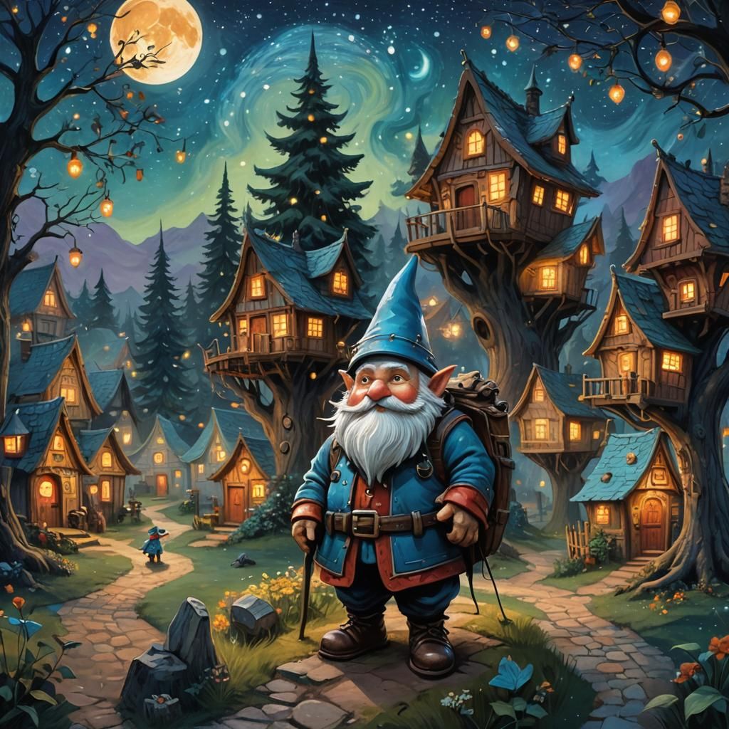 Enchanted Forest Village Under Starry Night Sky