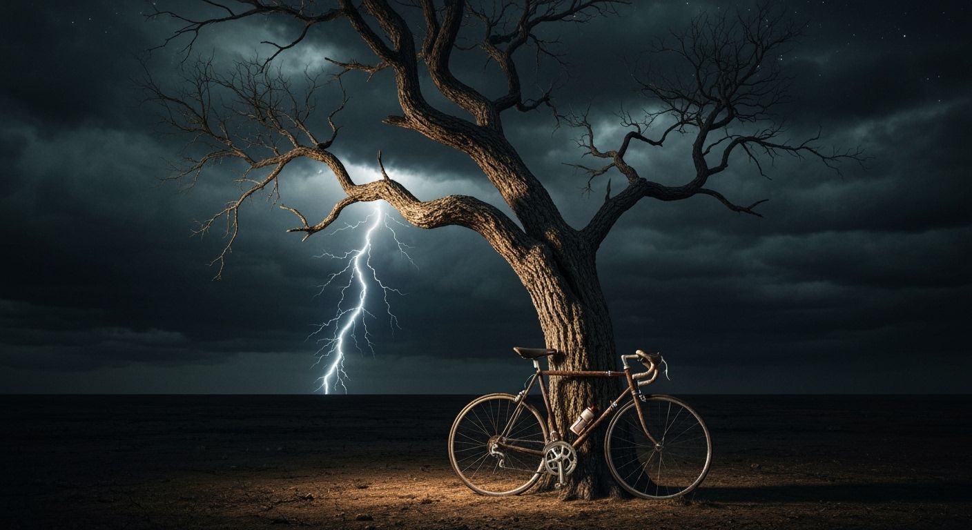 Gnarled Tree and Bicycle Against Stormy Sky