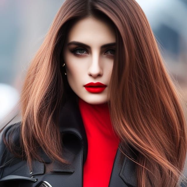 Macro lens, young woman „pamela Reif“ fitness influencer as alien with „red-skin“, extravagant, royalty, high-class, je...