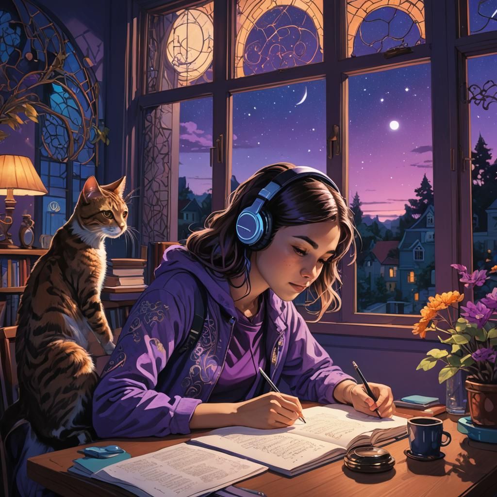 Lofi Girl Studying at Night in Anime Style