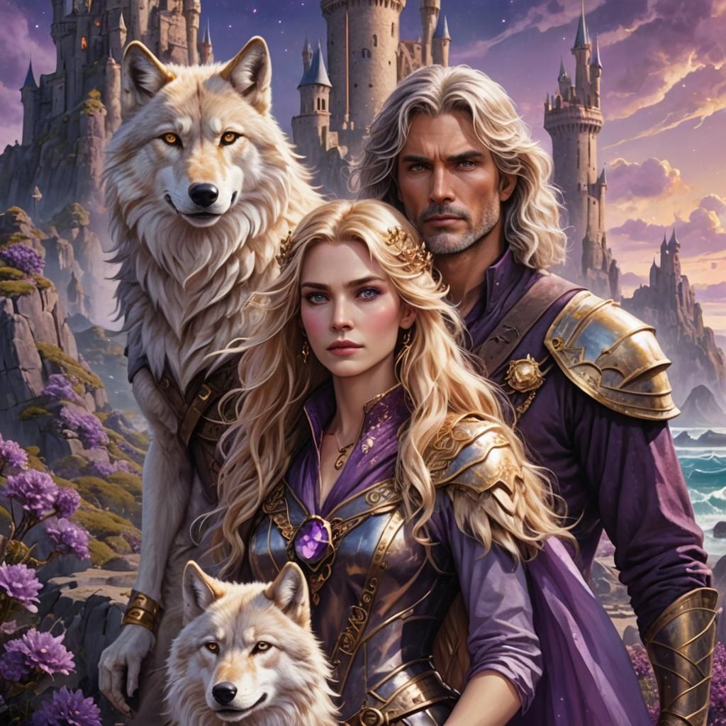 A middle-aged enchantress, youthful looking, light golden hair and purple eyes,vwith a tall, elegant-looking man with sa...