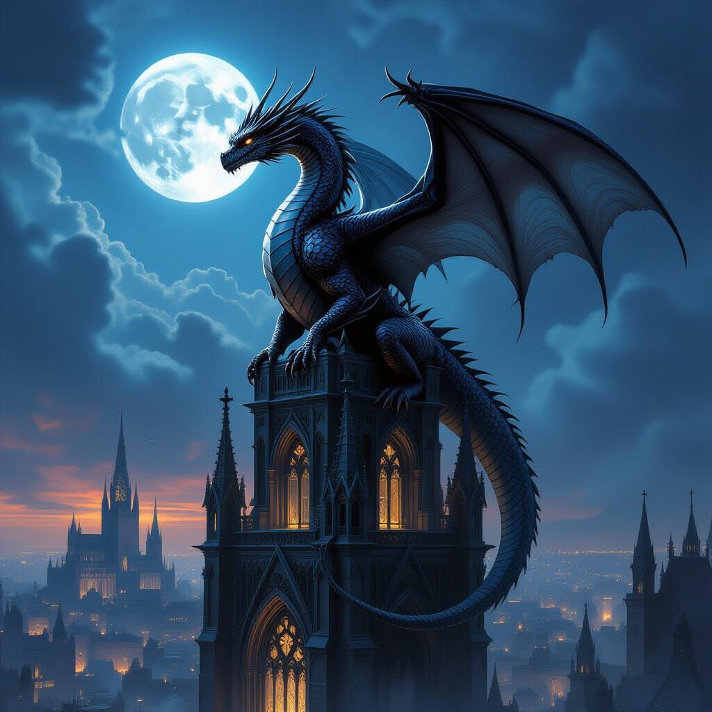 Obsidian Dragon on Gothic Cathedral Above Medieval City