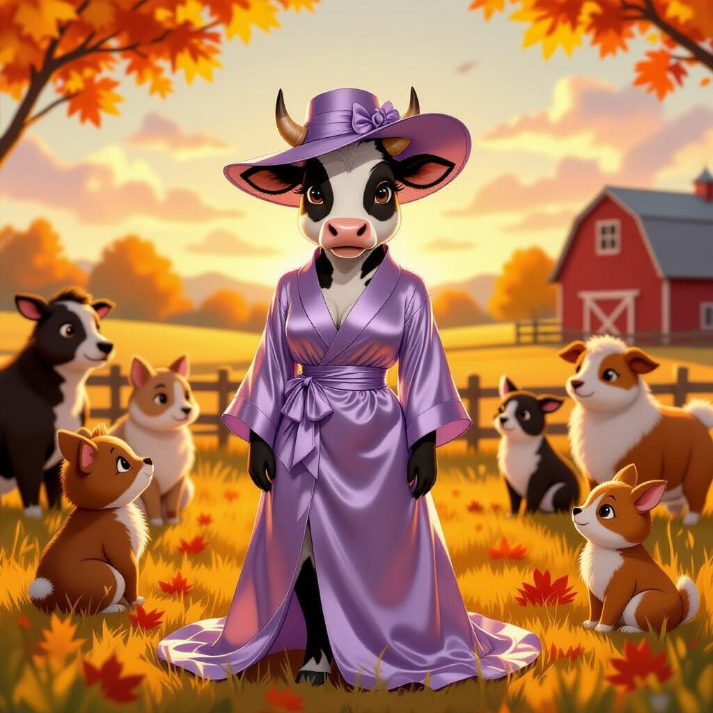 Anthropomorphic Cow in Haute Couture Nightgown on Autumn Far...