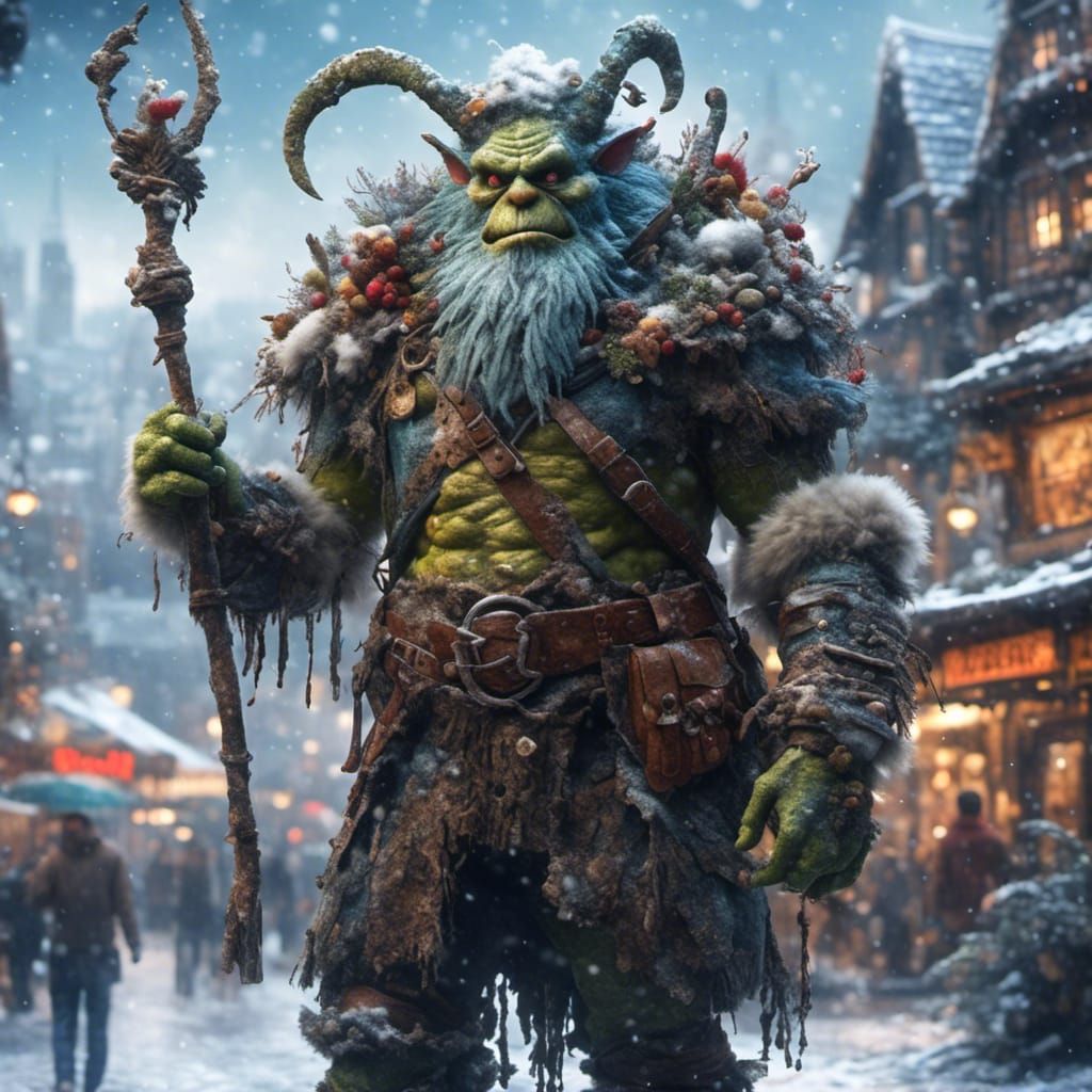Hyperreal Ogre with Club in Snowy Town