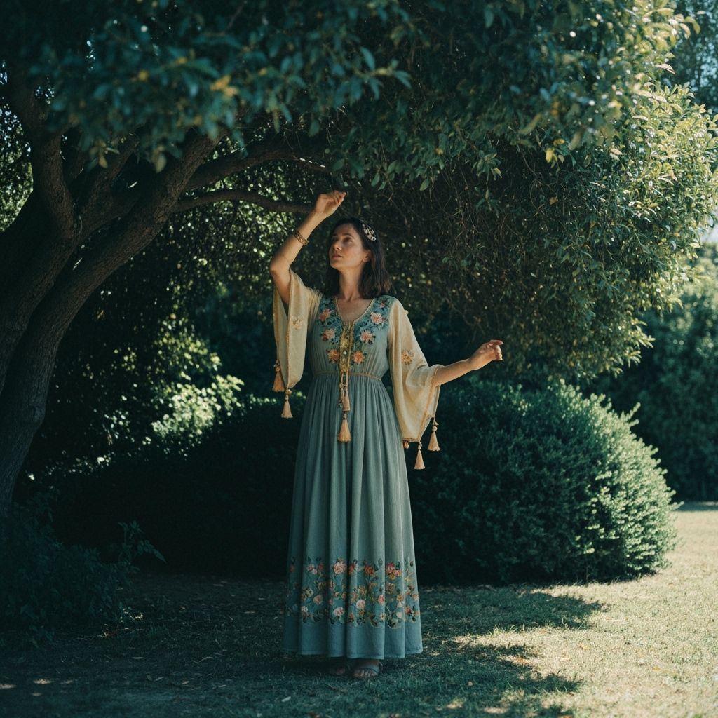 Woman in Flowing Dress Shaded by Tree, Art Nouveau
