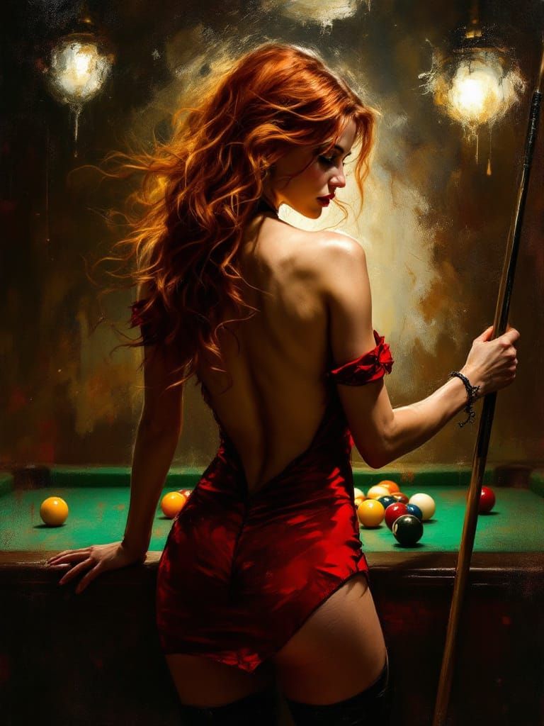 Woman with Red Hair and Red Dress in Dim Pool Hall