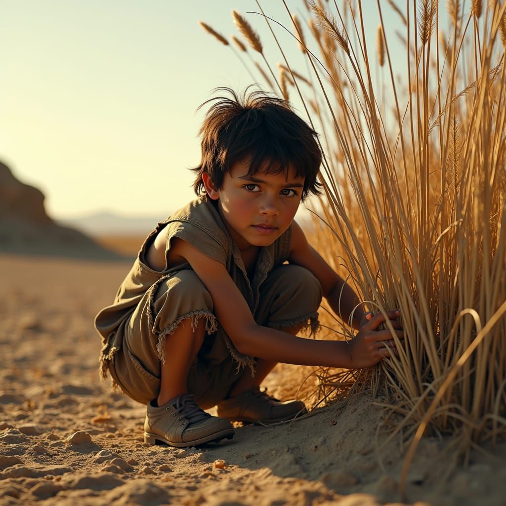 Weathered Boy Hiding in Pampas Grass
