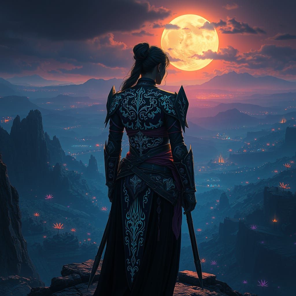 Stoic Warrior Overlooking Dark Fantasy Realm