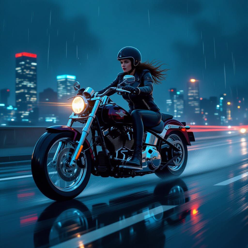 Motorcyclist in Noir Style Speeds Down Rainy Highway