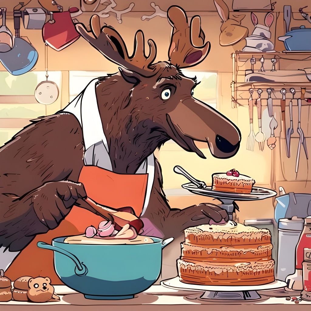 Moose and Otter Baking Cake in Anime Style