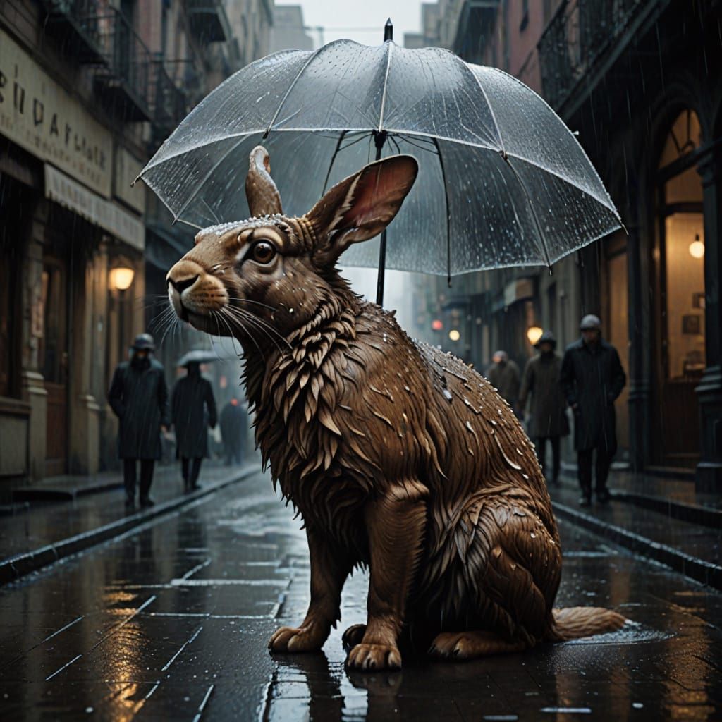 Art Deco Lagomorph in Ethereal Rainstorm