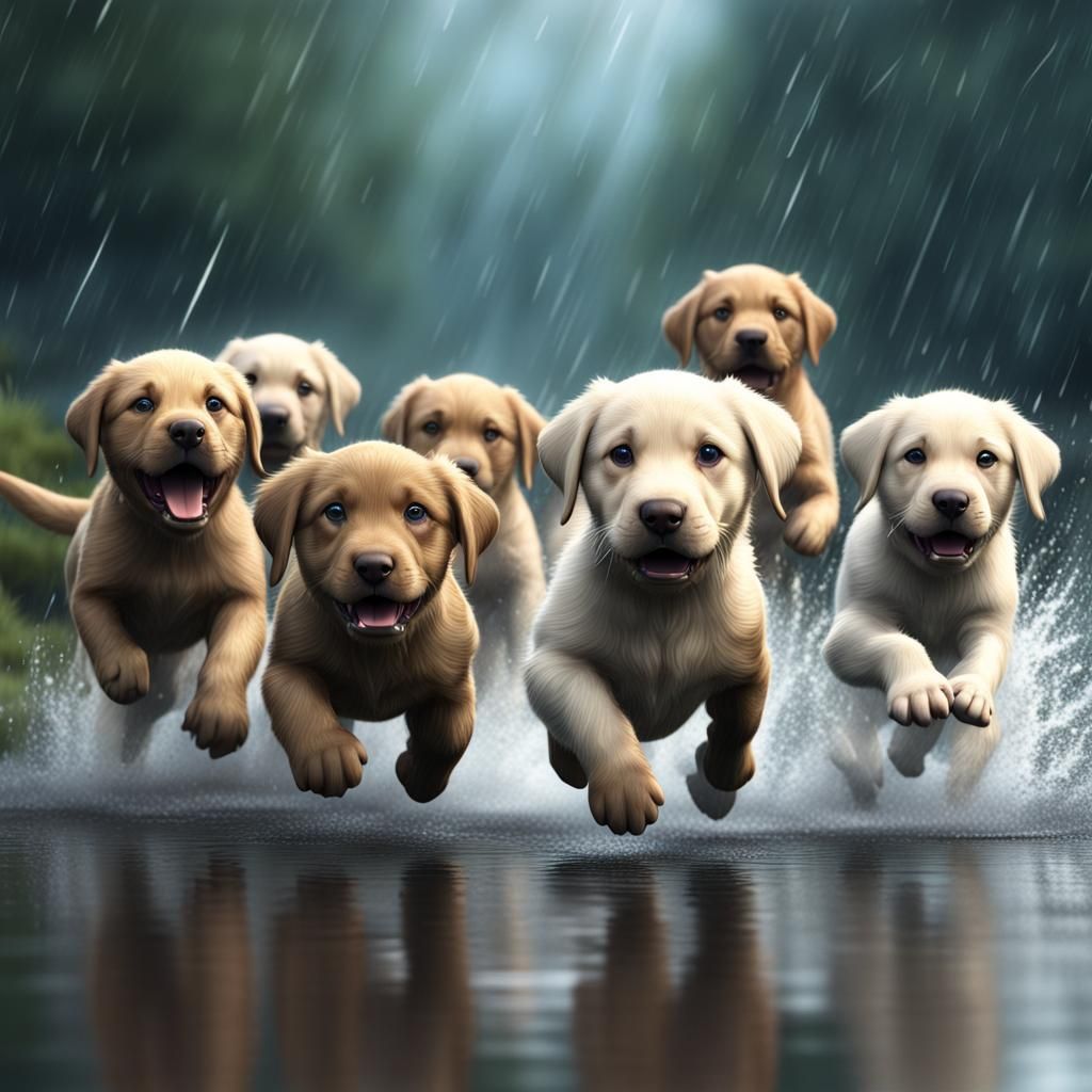 Labrador Puppies Play in Rainy Fantasy Landscape
