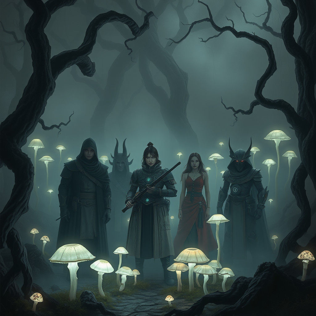 Dark Forest Gathering in Mist-Shrouded Woods