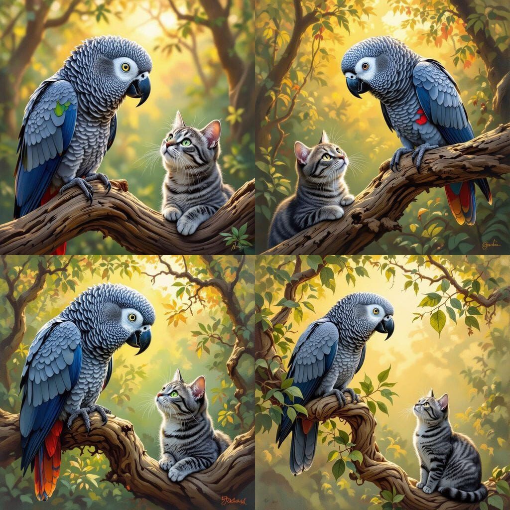 Parrot on Branch Watches Grey Cat Below