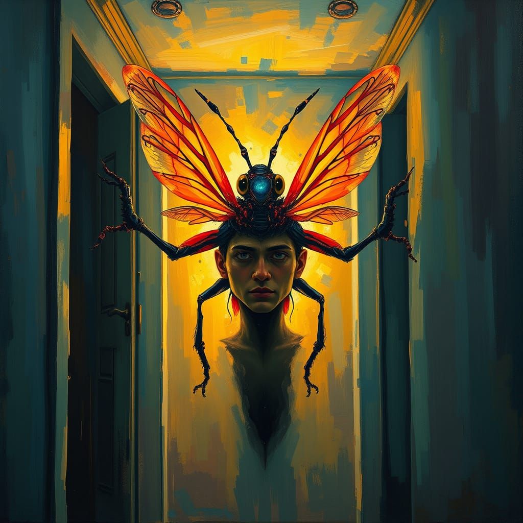 Man's Insect Transformation: A Vibrant Oil Painting