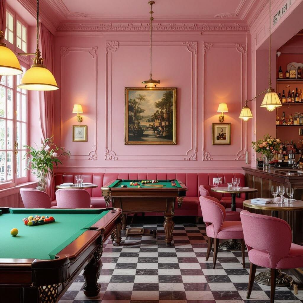 Chic Pink Cafe With Billiards And Chess