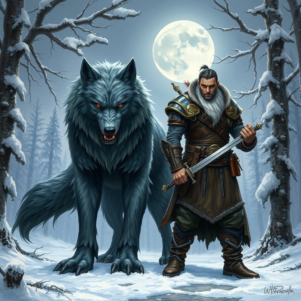 Dire Wolf Companion in Snowy Moonlight Forest