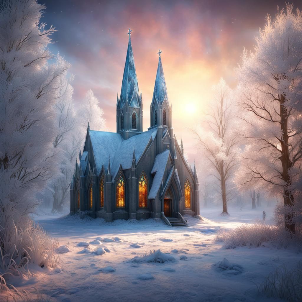 Winter Church Window with Colorful Frost Flowers