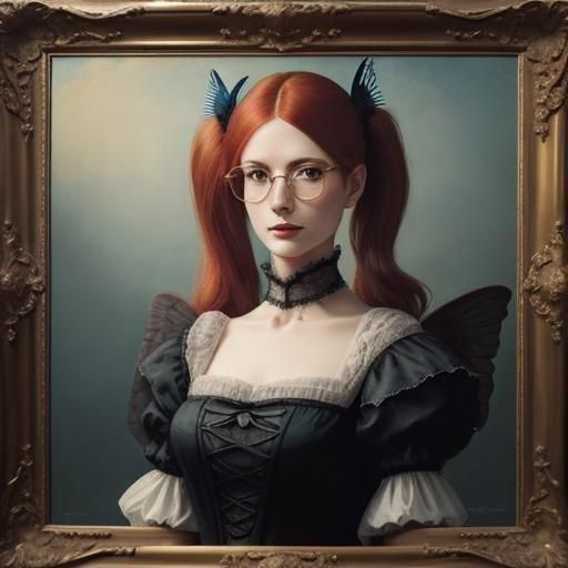 Victorian Portrait: Red-Haired Girl and Blue Butterfly