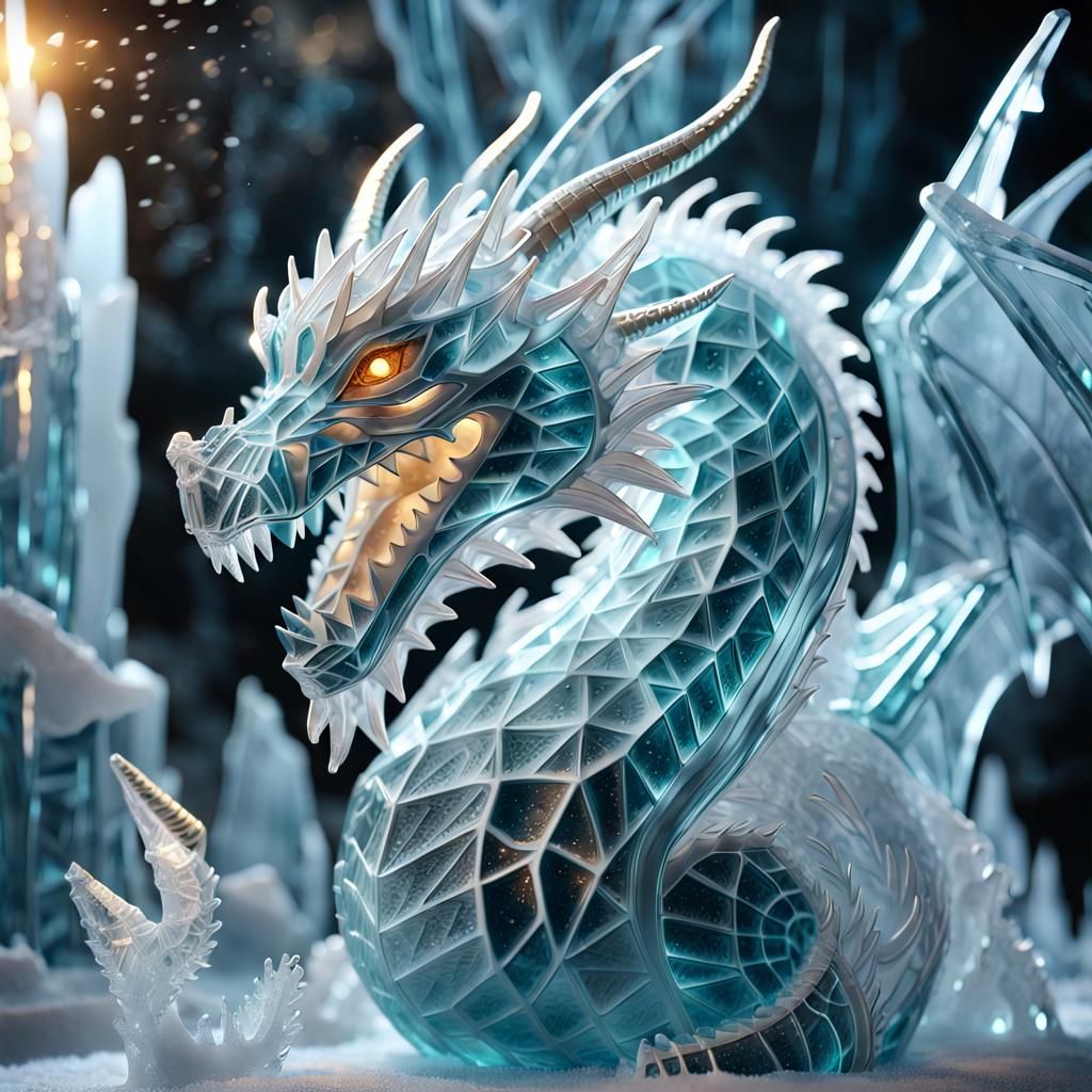Crystalline Dragon Ice Sculpture in Vibrant 3D