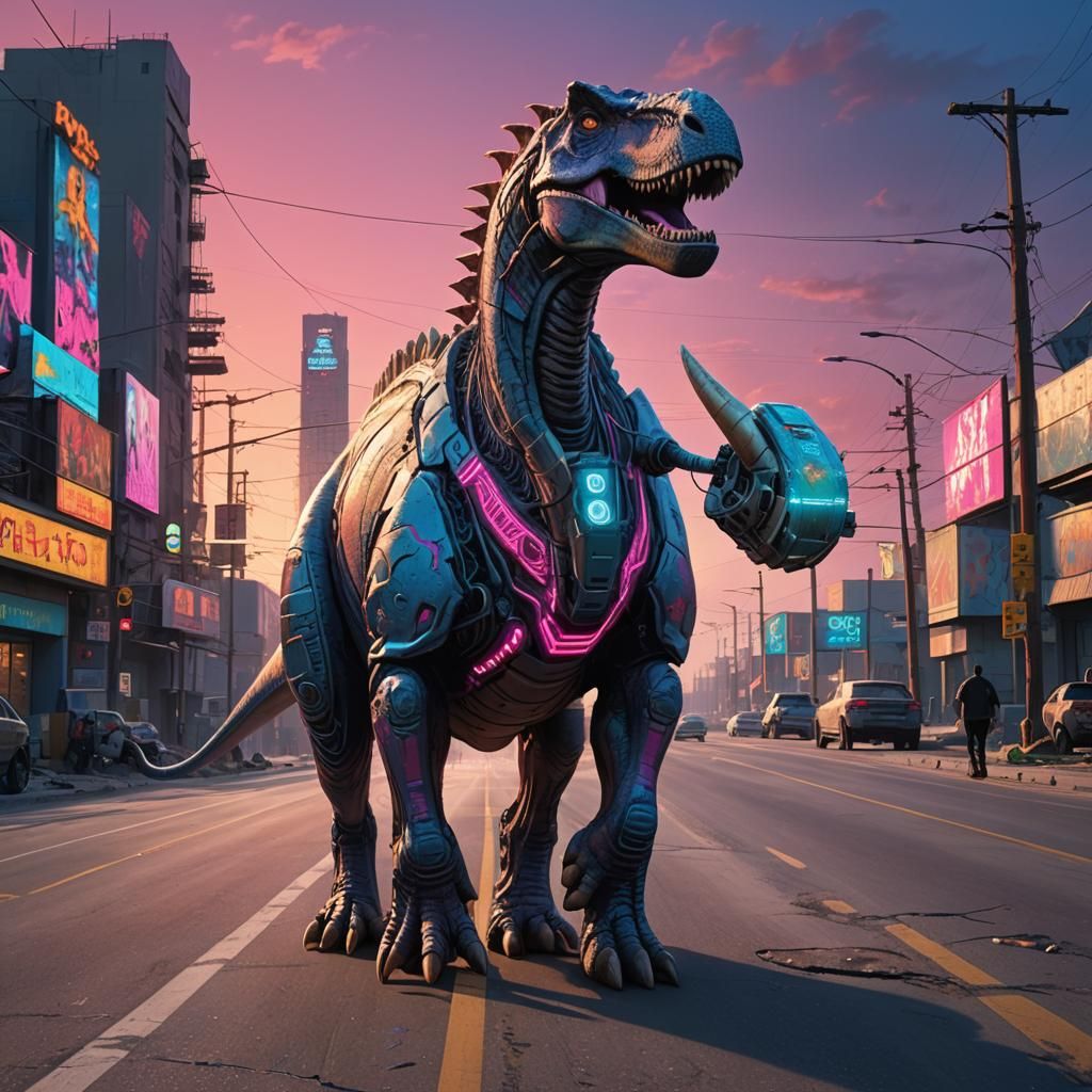 Giant Dinosaur with Neon Earbuds on Highway