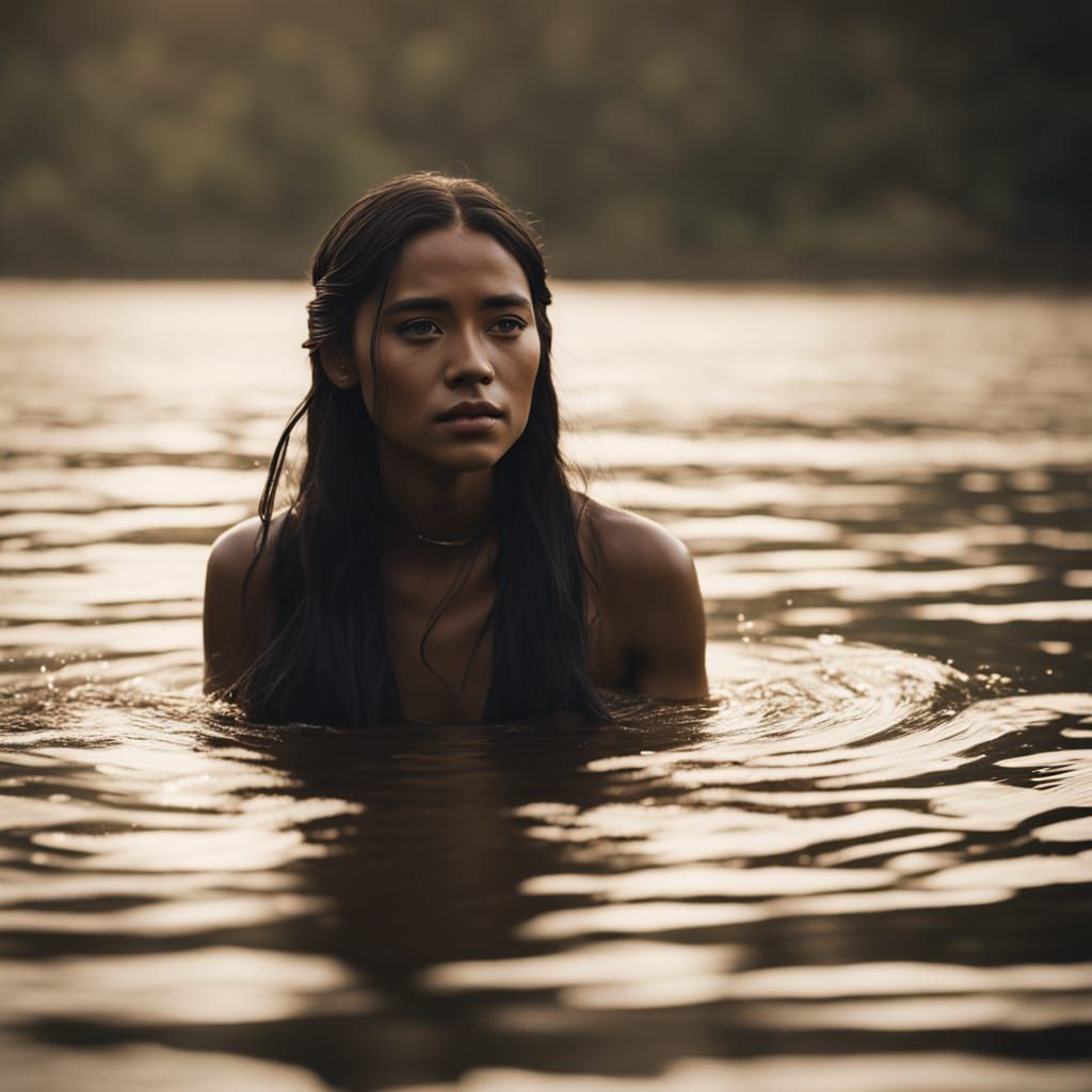 Amerindian Woman Bathing at Dawn in Sepia Photography
