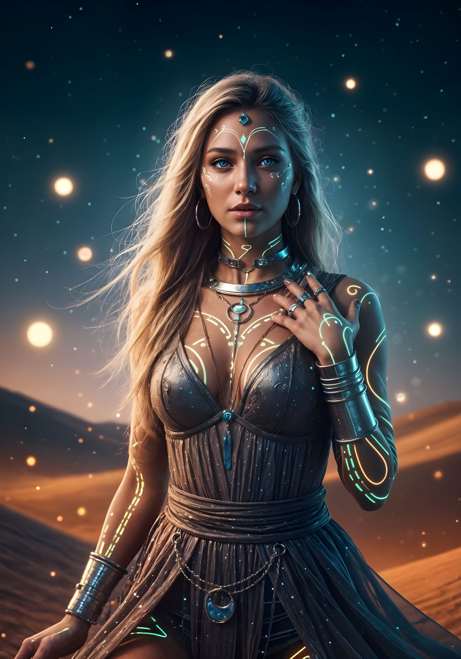 Singer in Boho-Cyberpunk Fashion with Cosmic Eyes