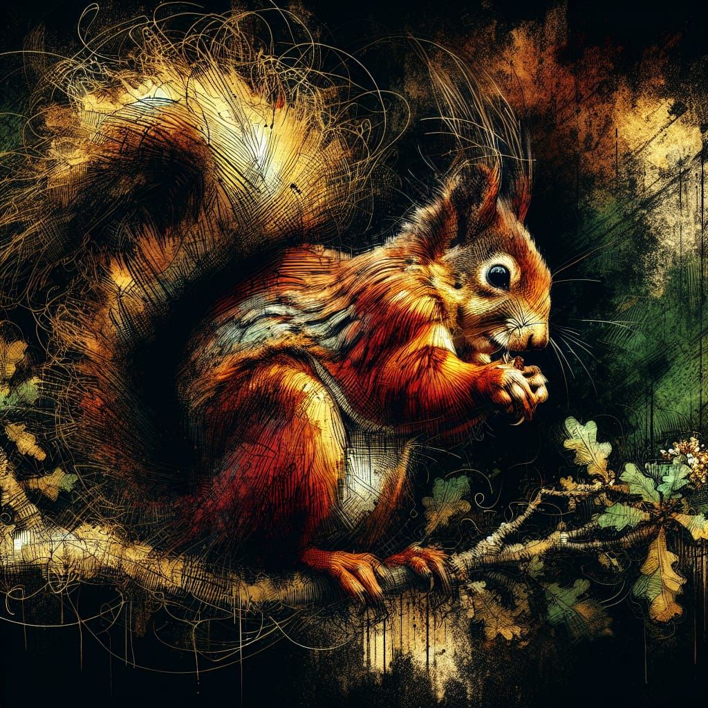 Dynamic Squirrel in Green and Gold Grunge Style