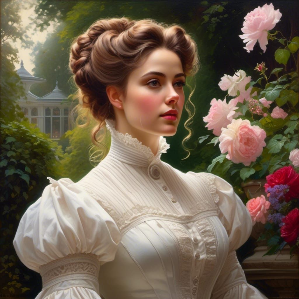 Victorian Lady in Mystic Garden: Oil Painting
