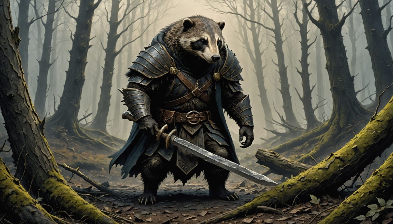 Dark Fantasy Badger Warrior at Forest's Edge