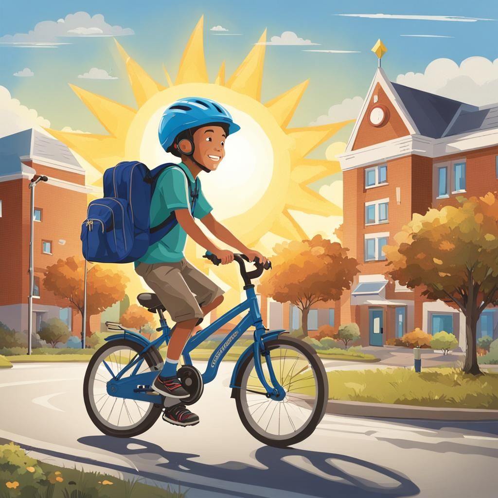 Boy Rides Bicycle to School on Sunny Day