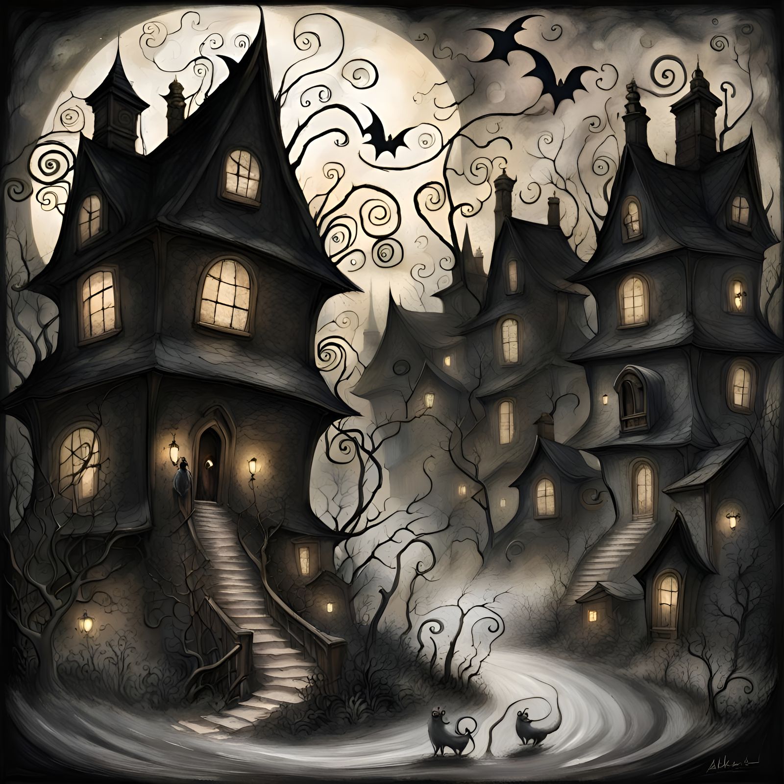 Haunted Village Street with Ghosts in Art Brut Style