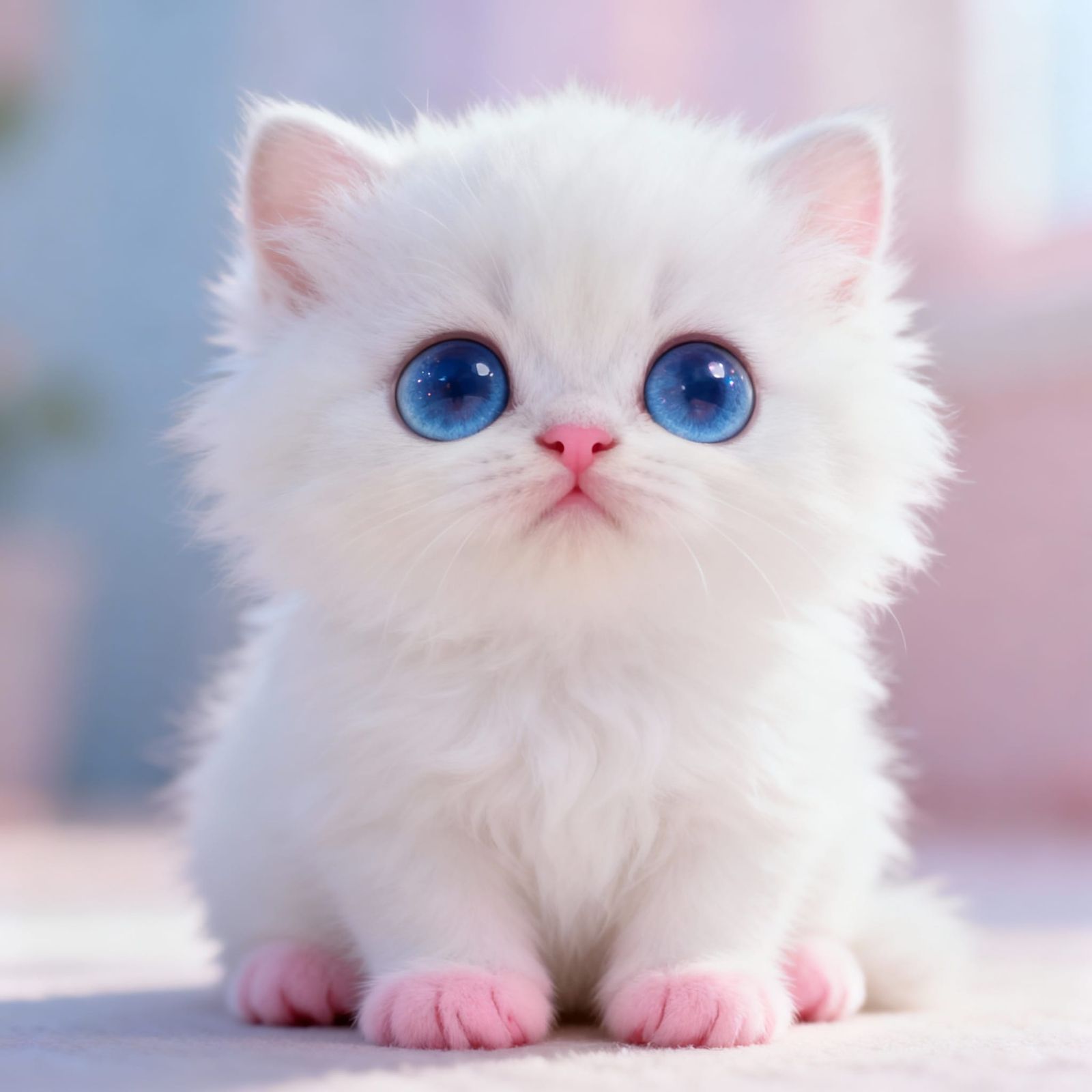 Adorable Fluffy White Kitten with Sparkling Blue Eyes