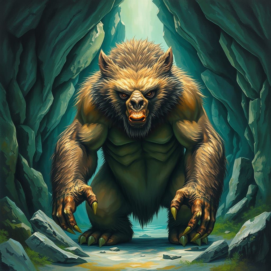 Bugbear in Sea-Green Grotto: Maximalist Gouache Painting