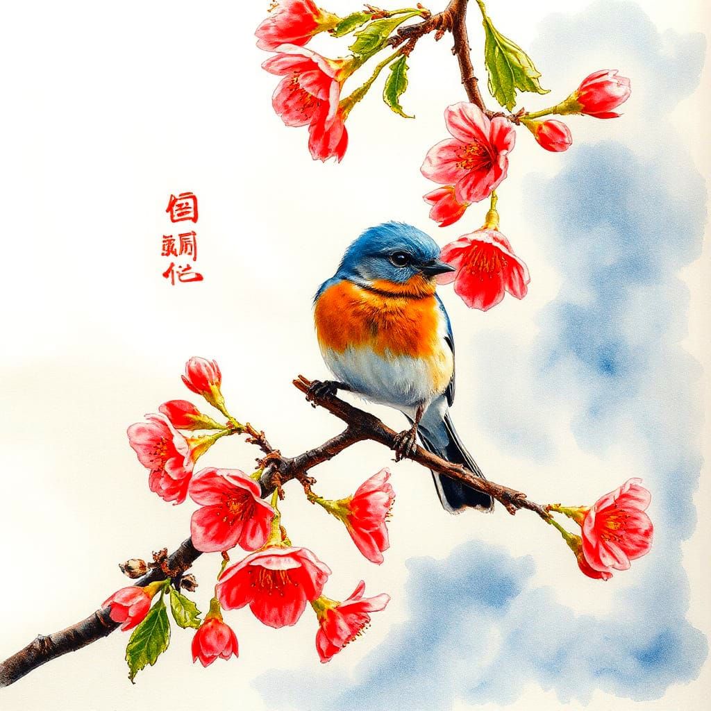 Delicate Bird Adorned Cherry Blossoms in Watercolor