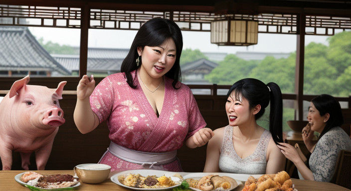 Asian Women Surprised by Adorable Pig
