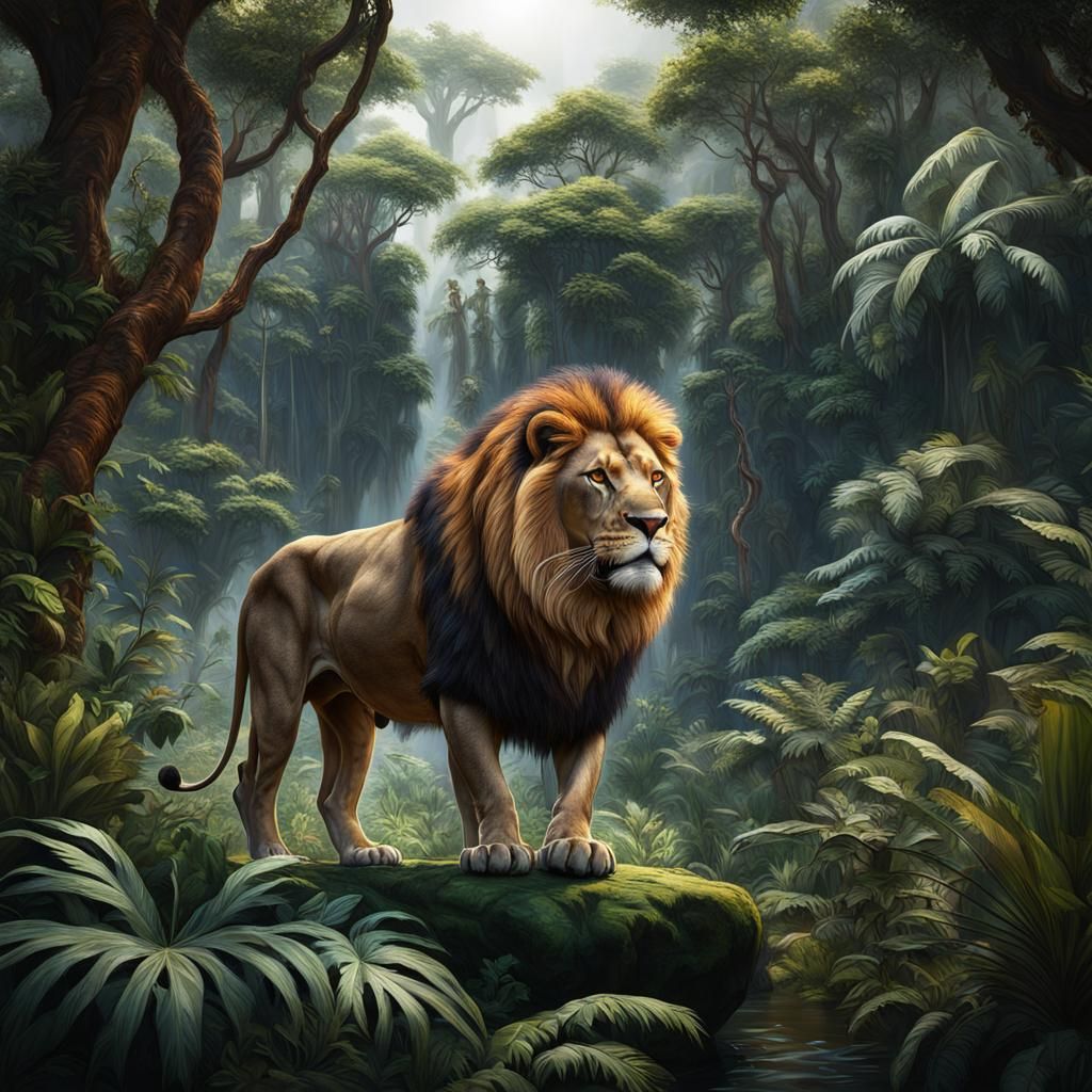 African Lion in Jungle: Ultrarealistic Photography