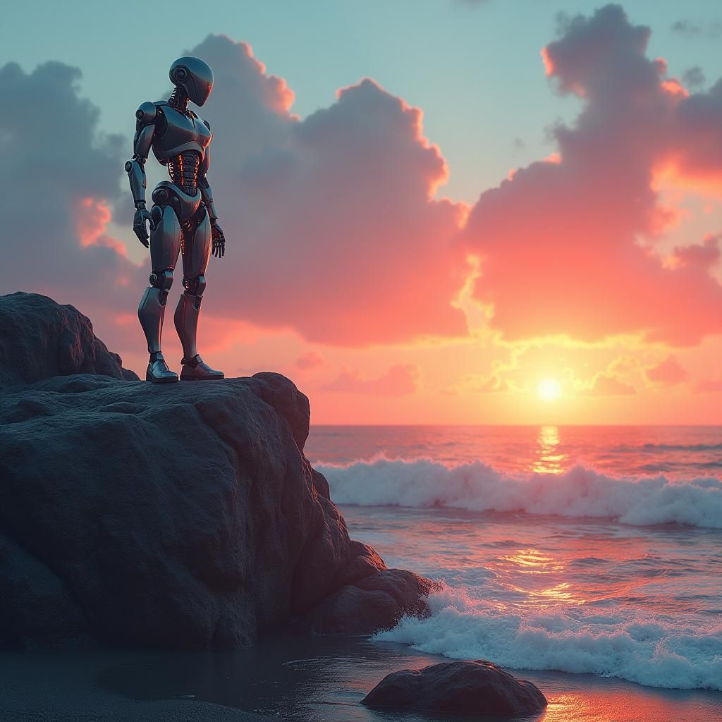 Robot Gazes at Sunset: Fantasy Concept Art
