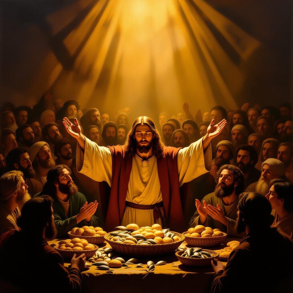 Jesus Feeds Multitudes in Rembrandt Style Oil Painting
