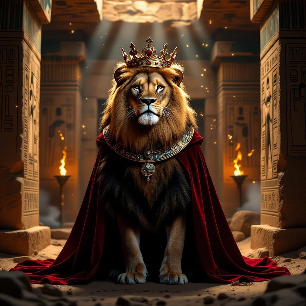 Regal Lion King in Ancient Egyptian Tomb
