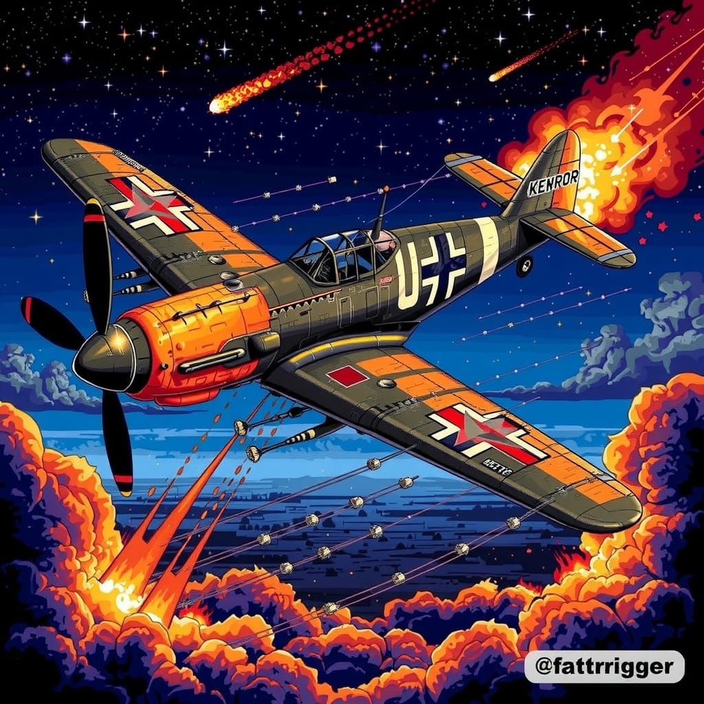 Burning ME-109 Fighter in 8-bit Pixel Art Style