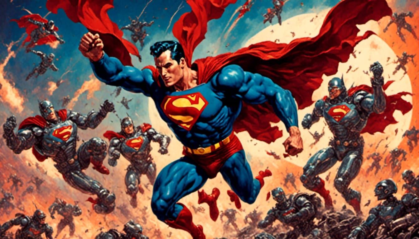 Superman in Black Suit Fighting Robots