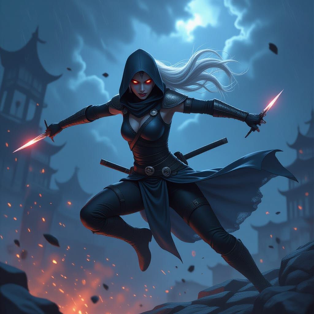 Drow Ninja Jumps into Storm, Throwing Shurikens
